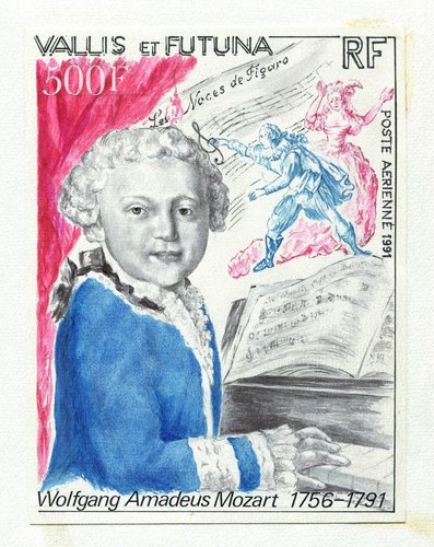 Boceto de Eugène Lacaque para el sello de Mozart. Lápiz y tinta con acuarelas o quizá  gouache
