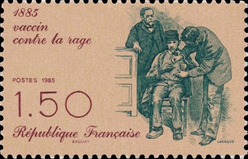 Sello emitido por Francia en 1985. Centenario del descubrimiento de la primera vacuna contra la rabia por Louis Pasteur. Diseño de Pierre Béquet y grabado de Eugène Lacaque