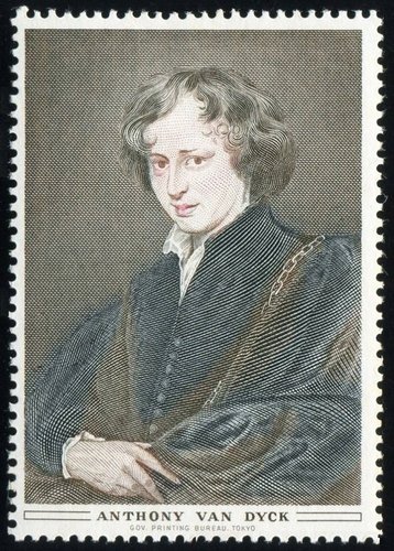 Grabado del autorretrato de Van Dyck. Impresión calcográfica multicolor. Tokio, 1975