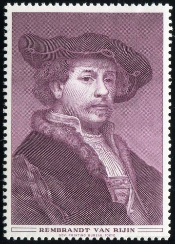 Grabado del autorretrato de Rembrandt. Impresión calcográfica a un solo color. Tokio, 1975