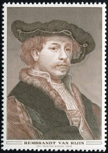 Grabado del autorretrato anterior de Rembrandt. Impresión calcográfica a dos colores. Tokio, 1975