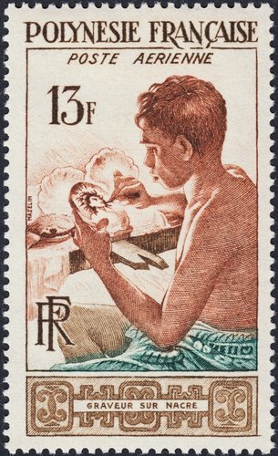 Artesano del nácar, Polinesia Francesa, 1958. Diseño y grabado de Charles Mazelin