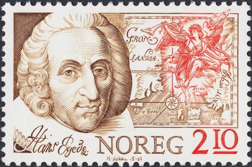 Sello de Hans Poulsen Egede (1686-1758), diseñado y grabado por Lokke-Sorensen. Noruega, 1986. Calcografía y offset