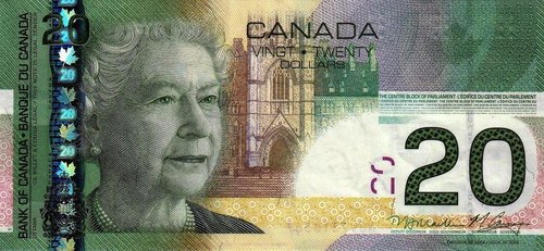 Billete canadiense de 20 dólares (2004), diseñado por Jorge Peral, que grabó a buril el retrato