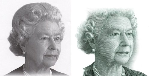 La reina Isabel II, fotografiada por Charles Green en el año 2000 y grabada después por Jorge Peral