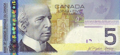 Billete de 5 $, Wilfrid Laurier, &quot;Journey Series&quot; (2001-2006). Retrato grabado por Czeslaw Slania
