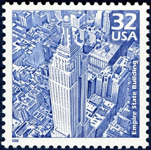 Estados Unidos, 1998, Empire State Building. Celebrando los años treinta del siglo XX. Diseño de Howard Paine, a partir del dibujo de Paul Calle. Calcografía y offset