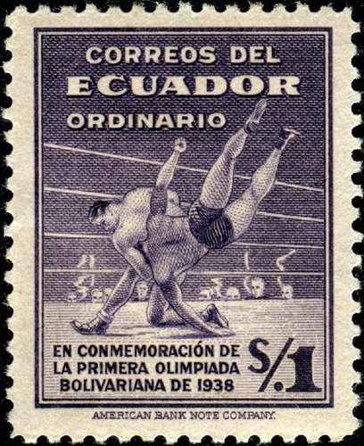 Ecuador, 1939. Lucha libre, primeros Juegos Bolivarianos (1938, Bogotá). Calcografía
