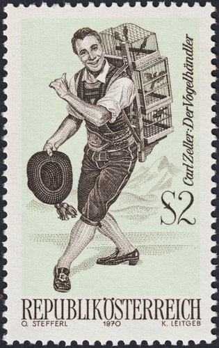 Austria, 1970, Operetas. “El pajarero”, de Carl Zeller. Grabado de Kurt Leitgeb