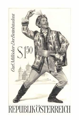 “El estudiante mendigo”, de Carl Millöcker. Diseño original de Otto Stefferl. El sello lo grabaría Kurt Leitgeb