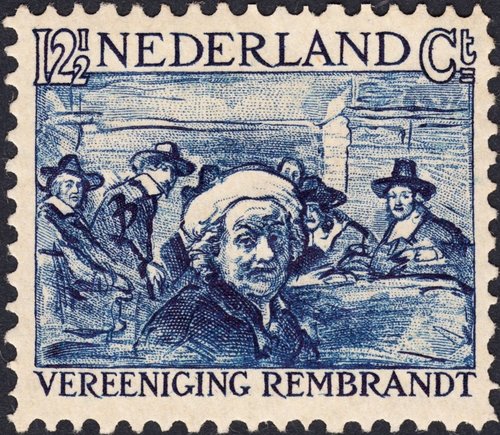 Rembrandt y &quot;sus comerciantes&quot;. Valor mayor de los tres sellos de 1930. Grabado de Hendrik Seegers