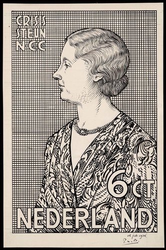 Princesa Juliana, Países Bajos, 1934. Diseño a tinta casi definitivo de Pieter van Baarsel