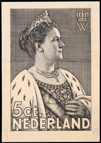 Reina Wilhelmina, Países Bajos, 1934. Diseño lineal de grabado de J. J. Warnaar. Lápiz y tinta