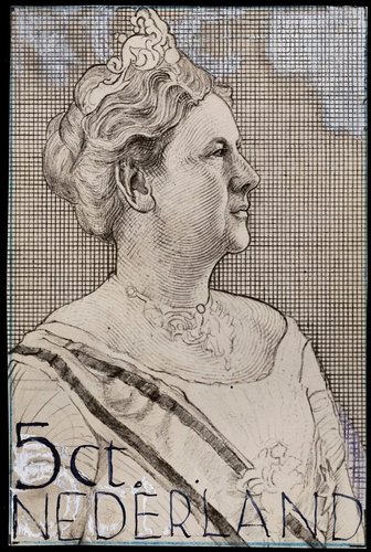 Reina Wilhelmina, Países Bajos, 1934. Uno de los bocetos preliminares de Fokko Mees. Lápiz y tinta