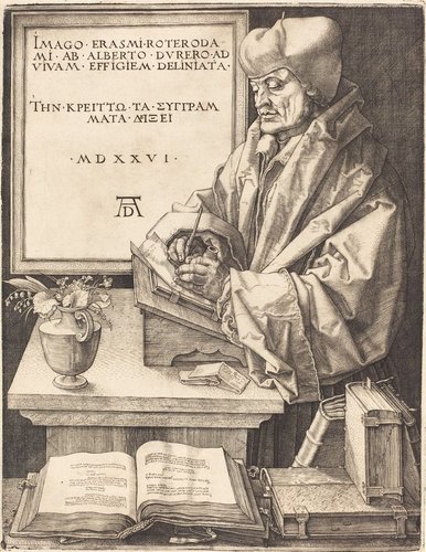 Retrato de Erasmus, por Albrecht Dürer, 1526. Grabado a buril sobre cobre, 24.8 x 19.1 cm