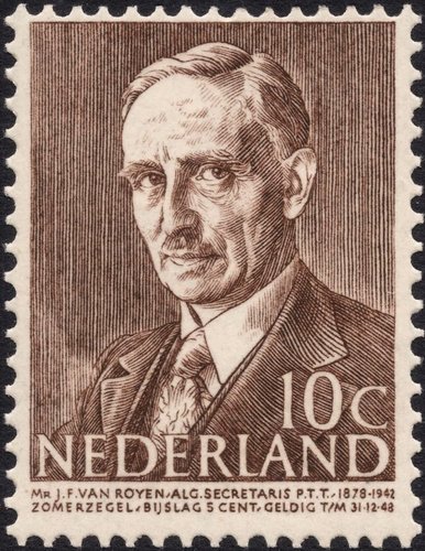 Sello emitido en 1947 para honrar a  Jean François van Royen (1878–1942). Diseño y grabado de Engelina Reitsma-Valença
