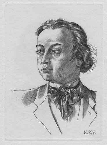 Retrato a buril de Gustave Flaubert, 11 x 8 cm, año 1936. Este grabado, realizado por Engelina en cobre, ilustraría en 1948 un libro de Flaubert, &quot;Lettres à Mme X...1846-1847&quot;