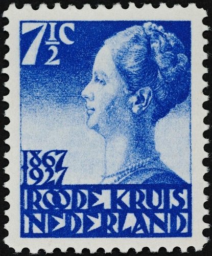 Sello emitido de la Reina Wilhelmina y la Cruz Roja, a partir de un retrato de Engelina Reitsma-Valença. Países Bajos, 1927, impresión en huecograbado