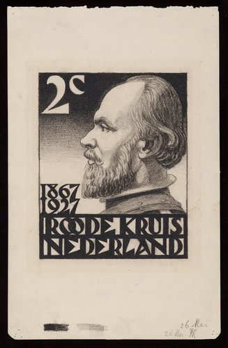 Diseño de Engelina Reitsma-Valença para el sello del rey Willem III. Cruz Roja neerlandesa, 60 aniversario, 1927