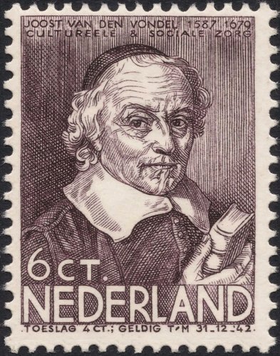 Sello emitido en 1937 de Joost van den Vondel. Diseño y grabado de Reitsma-Valença