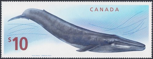 Canadá, 2010, Ballena azul, calcografía y offset. Diseño de Réjean Myettea, a partir de una ilustración de Suzanne Duranceau. Grabado de Jorge Peral
