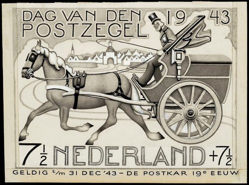 Diseño definitivo de Strube para el Día del Sello de 1943. Lápiz y acuarela, 15.7 x 15.8 cm