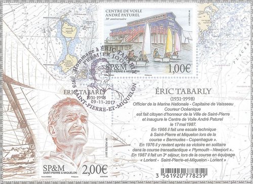 Saint Pierre y Miquelon, 2017, Eric Tabarly. Diseño general de Patrick Derible y grabado del sello calcográfico de Pierre Albuisson
