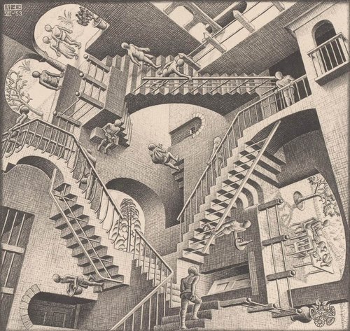 &quot;Relatividad&quot;, 1953, de M. C. Escher. Litografía, 27.7 cm × 29.2 cm