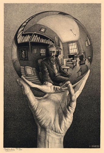 &quot;Mano con esfera reflejante&quot;, 1935, de M. C. Escher. Litografía, 31.8 cm × 21.3 cm