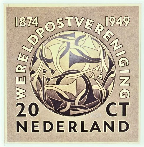 Diseño original de M. C. Escher para el sello de la Unión Postal Universal de 1949