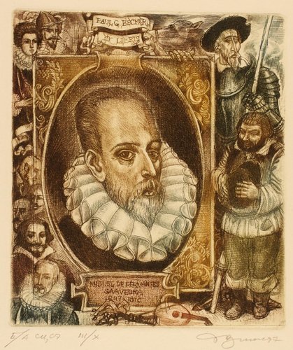 Ex Libris de Miguel de Cervantes para Paul. G. Becker, 1997. Punta seca y media tinta, 8.5 x 7.2 cm