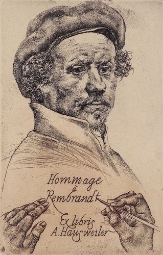 Ex lirbris de Rembrandt para A. Hausweiler creado por Oldřich Kulhánek