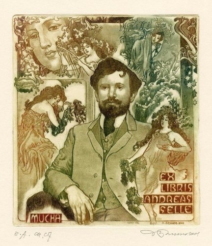 Ex libris de Alfons Mucha para Andreas Selle, 2001, obra de David Bekker. Punta seca y media tinta, 9.4 x 8.4 cm
