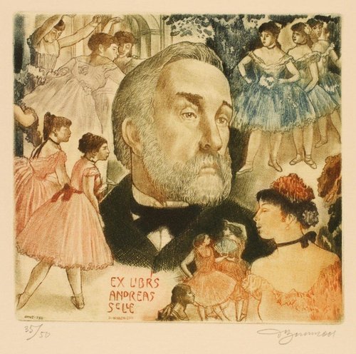Ex libris de Edgar Degas para Andreas Selle, 2001, obra de David Bekker. Punta seca y media tinta, 8.7 x 8.8 cm