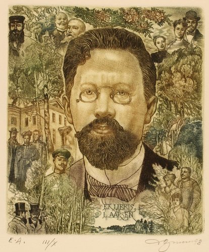 Ex libris de Chejov para L. Aarsen, 1998, obra de David Bekker. Media tinta, 9.1 x 7.6 cm