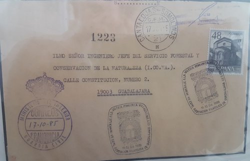 Franquicia postal. Guadalajara. Ministerio del Interior. Guardia Civil. Cantalojas-Somolinos. Guadalajara. 1985-10-17. Sobre. Baja.jpg