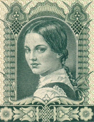 Retrato diseñado y grabado por Horváth en un billete húngaro de 1940. La modelo real fue una niña polaca, Valéria Rudas