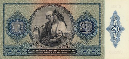 Billete húngaro de 1941, diseñado y grabado por Endre Horváth. Reverso