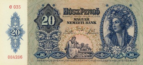Billete húngaro de 1941, diseñado y grabado por Endre Horváth. Anverso