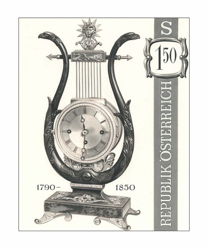 Austria, 1970. Relojes de época, 1790-1850 (1815). Diseño original de Otto Stefferl del sello que grabaría Kurt Leitgeb