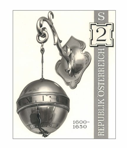 Austria, 1970. Relojes de época, 1600-1650. Diseño original de Otto Stefferl del sello que grabaría Werner Pfeiler