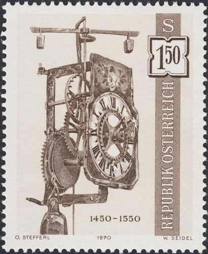 Austria, 1970. Relojes de época, 1450-1550. Diseño de Otto Stefferl y grabado de Wolfgang Seidel