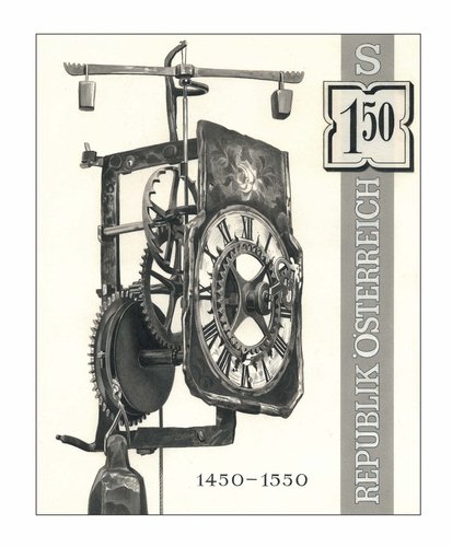 Austria, 1970. Relojes de época, 1450-1550. Diseño original de Otto Stefferl del sello que grabaría Wolfgang Seidel
