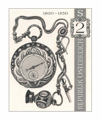 Austria, 1970. Relojes de época, 1800-1850 (1830). Diseño original de Otto Stefferl del sello que grabaría Alfred Nefe