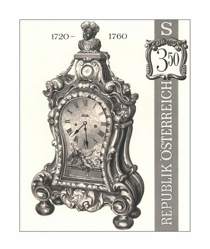 Austria, 1970. Relojes de época, 1720-1760. Diseño original de Otto Stefferl del sello que grabaría Maria Magdalena Laurent