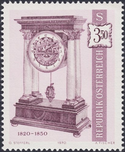 Austria, 1970. Relojes de época, 1820-1850. Diseño de Otto Stefferl y grabado de Alfred Fischer
