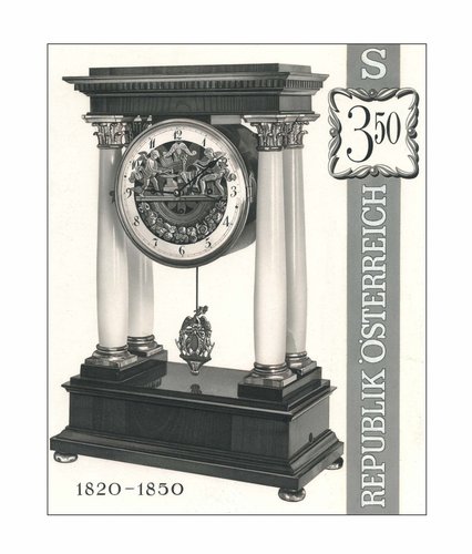 Austria, 1970. Relojes de época, 1820-1850. Diseño original de Otto Stefferl del sello que grabaría Alfred Fischer