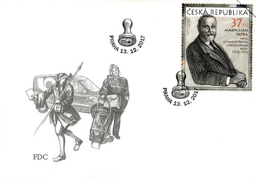 Sobre de Primer Día para el sello de Maxmilián Fatka. Diseño de Maget y Hašková; sello y viñeta del sobre grabados por Václav Fajt
