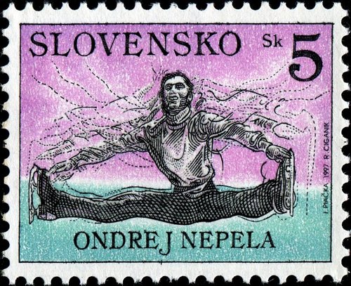 Eslovaquia, 1997. El patinador artístico Ondrej Nepela. Sello grabado por Rudolf Cigánik. Calcografía y huecograbado