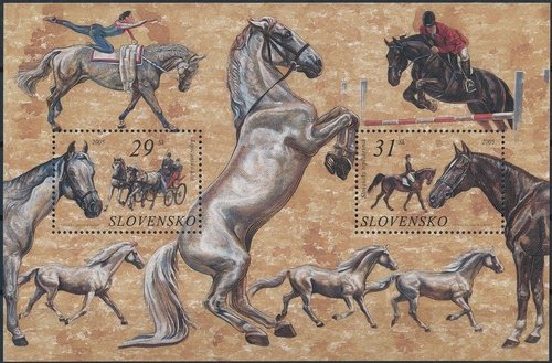 Eslovaquia, 2005. Caballos de raza propios del país. Hojita y sellos grabados por Rudolf Cigánik. Calcografía y offset
